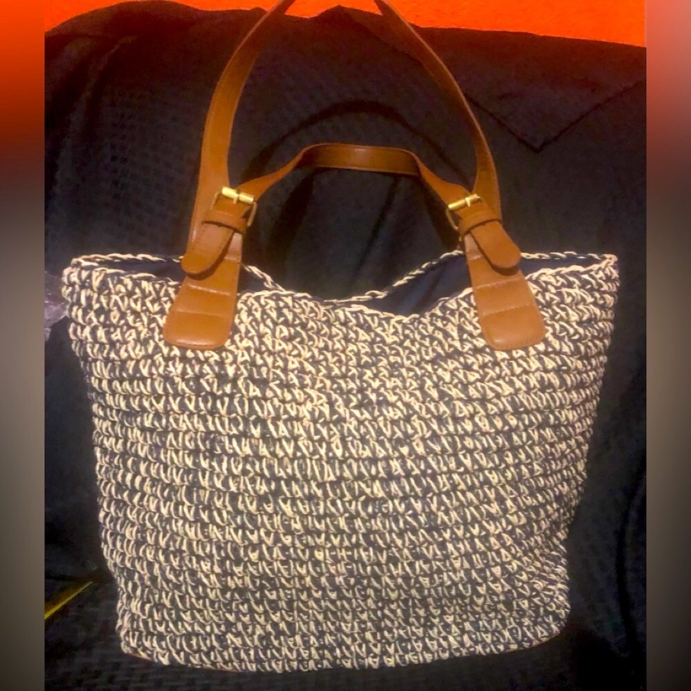 NWOT Sonoma Straw with Cloth Lining Summer Tote Bag
